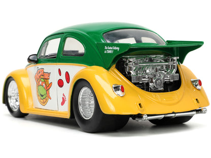 1959 Volkswagen Drag Beetle Green and Yellow and Michelangelo Diecast Figure "Teenage Mutant Ninja Turtles" "Hollywood Rides" Series 1/24 Diecast Model Car