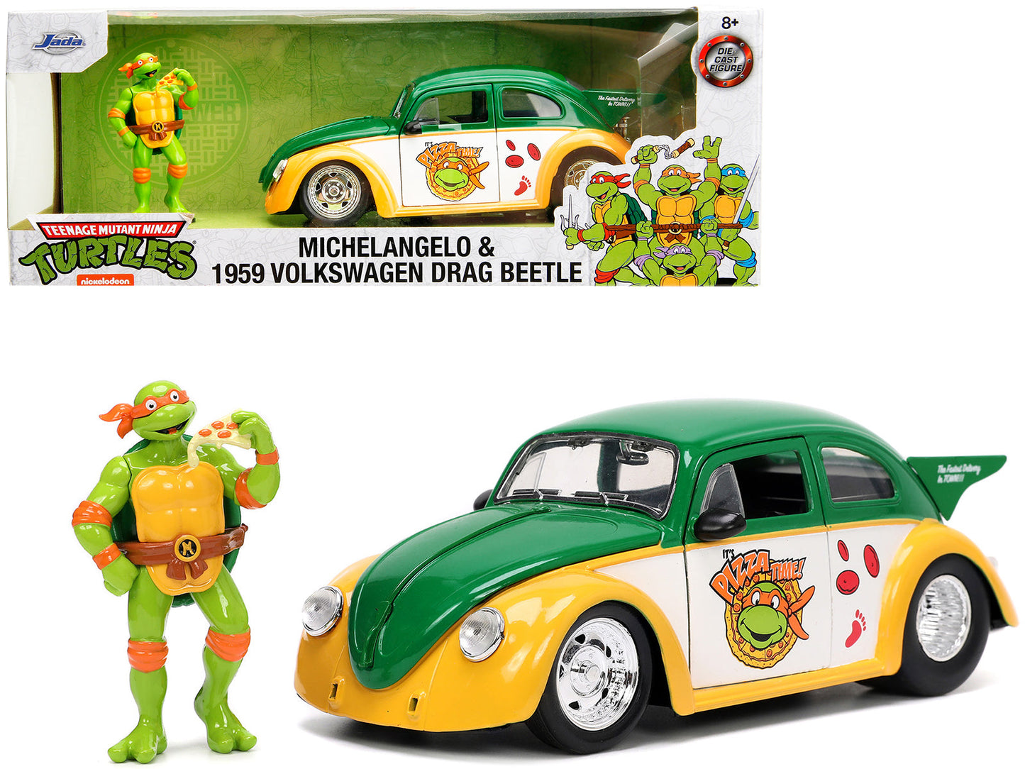1959 Volkswagen Drag Beetle Green and Yellow and Michelangelo Diecast Figure "Teenage Mutant Ninja Turtles" "Hollywood Rides" Series 1/24 Diecast Model Car