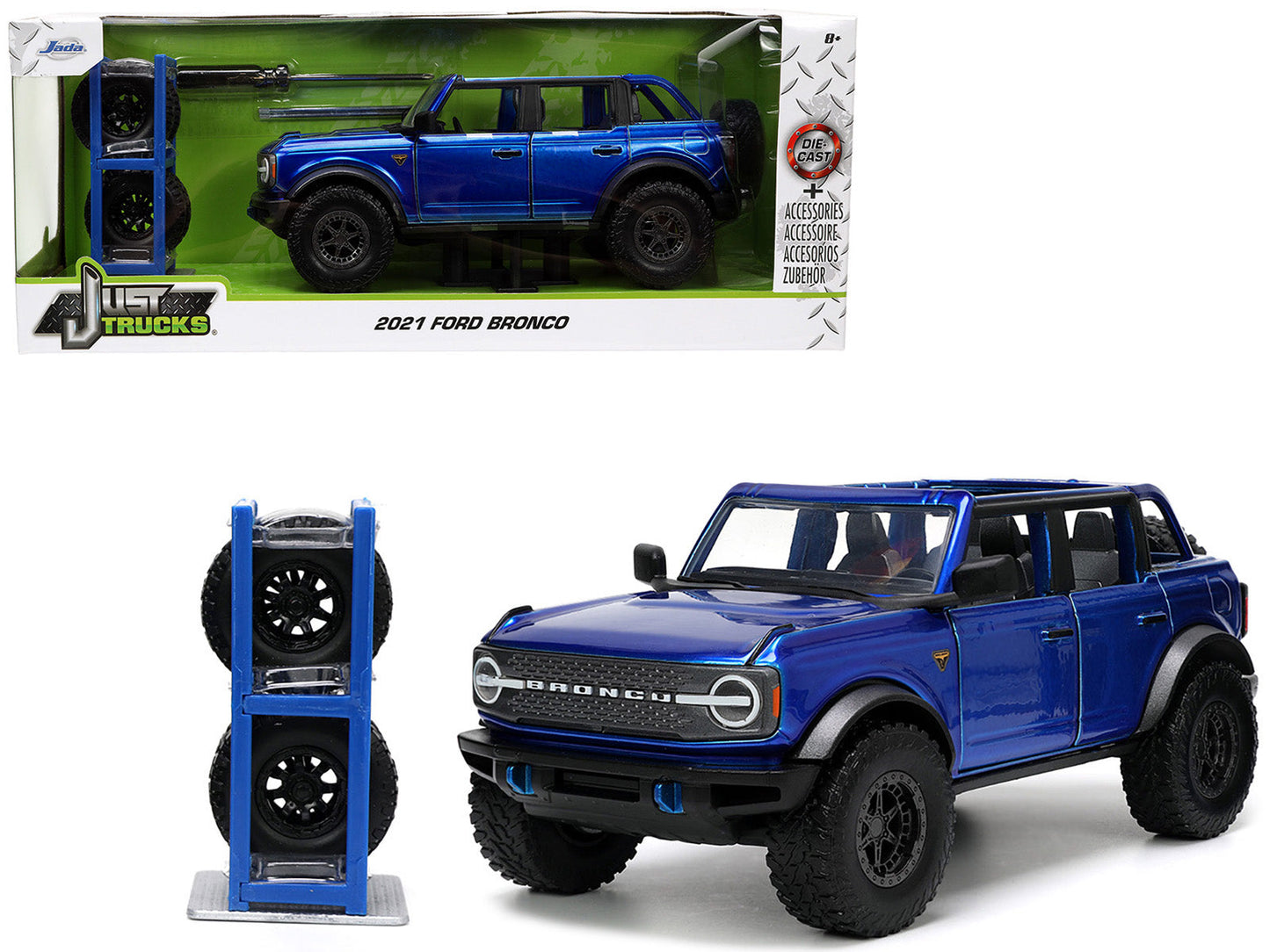 2021 Ford Bronco Open-Top Candy Blue Metallic with Extra Wheels "Just Trucks" Series 1/24 Diecast Model Car