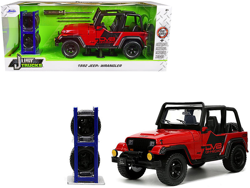 1992 Jeep Wrangler DV8 Off-Road Red with Matt Black Stripes with Extra Wheels "Just Trucks" Series 1/24 Diecast Model Car