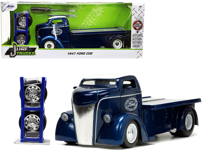 1947 Ford COE Flatbed Truck Dark Blue Metallic with White Top "The Famous Motor Cars" with Extra Wheels "Just Trucks" Series 1/24 Diecast Model