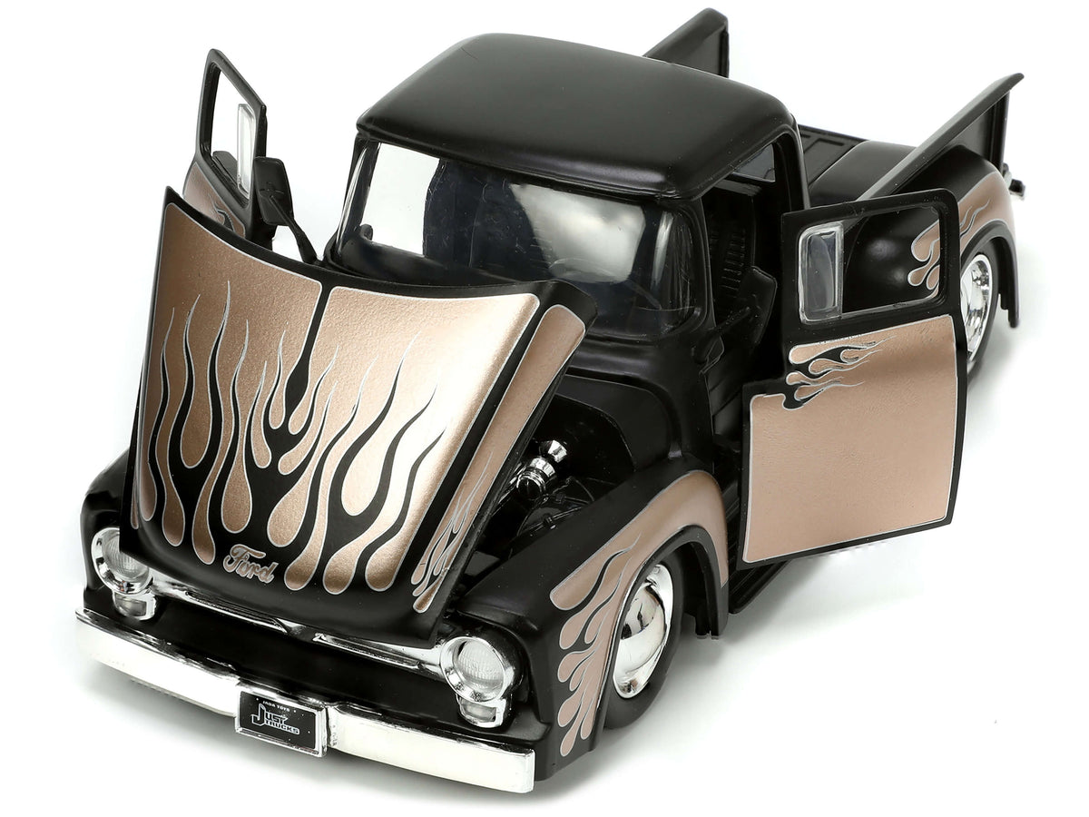 1956 Ford F-100 Pickup Truck Matt Black and Champagne with Flames with Extra Wheels "Just Trucks" Series 1/24 Diecast Model Car