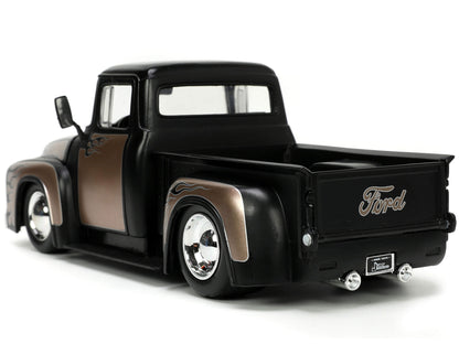 1956 Ford F-100 Pickup Truck Matt Black and Champagne with Flames with Extra Wheels "Just Trucks" Series 1/24 Diecast Model Car