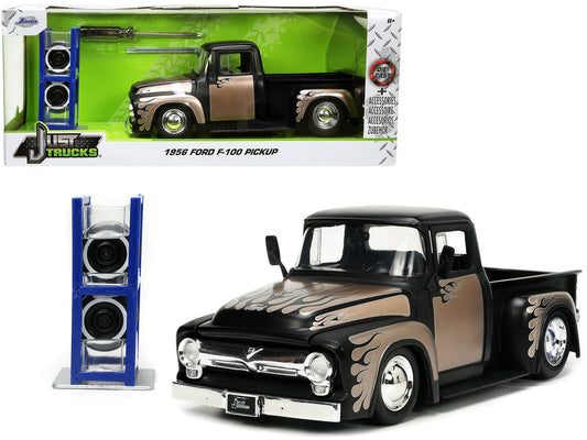 1956 Ford F-100 Pickup Truck Matt Black and Champagne with Flames with Extra Wheels "Just Trucks" Series 1/24 Diecast Model Car