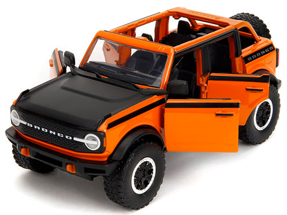 2021 Ford Bronco Open-Top Orange with Black Stripes and Hood with Extra Wheels "Just Trucks" Series 1/24 Diecast Model Car