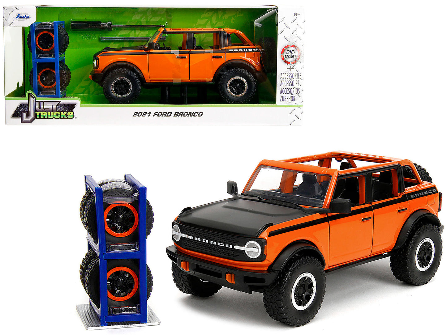2021 Ford Bronco Open-Top Orange with Black Stripes and Hood with Extra Wheels "Just Trucks" Series 1/24 Diecast Model Car