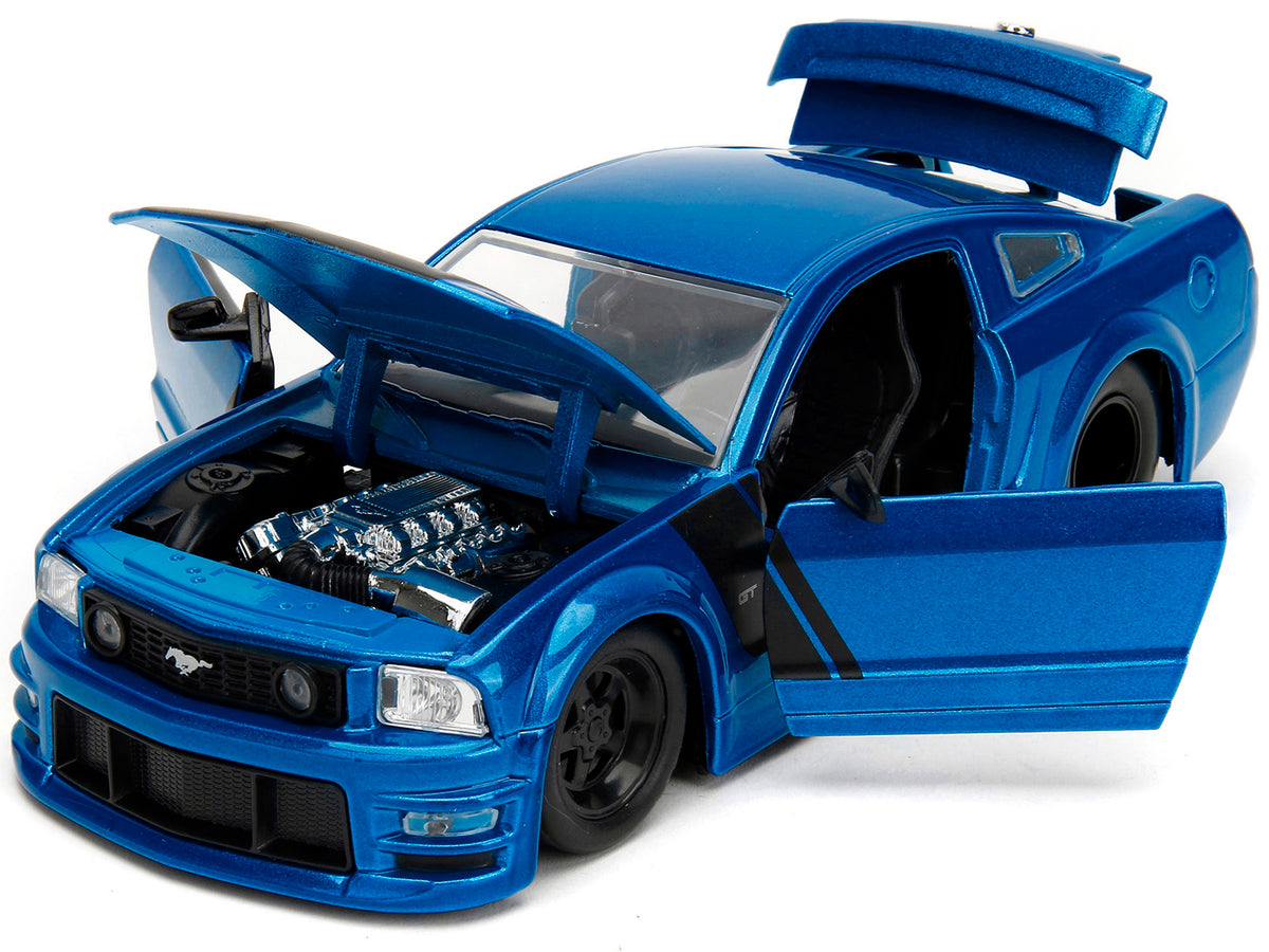 2006 Ford Mustang GT Blue Metallic with Matt Black Hood and Stripes "Bigtime Muscle" Series 1/24 Diecast Model Car
