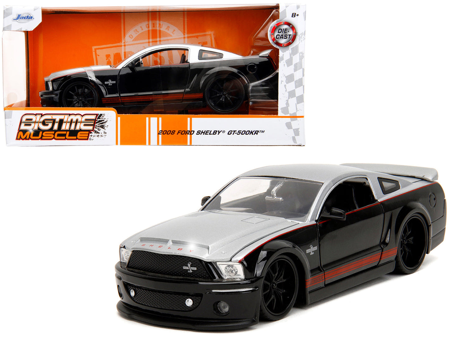 2008 Ford Shelby Mustang GT-500KR Silver and Black with Red Stripes "Bigtime Muscle" Series 1/24 Diecast Model Car