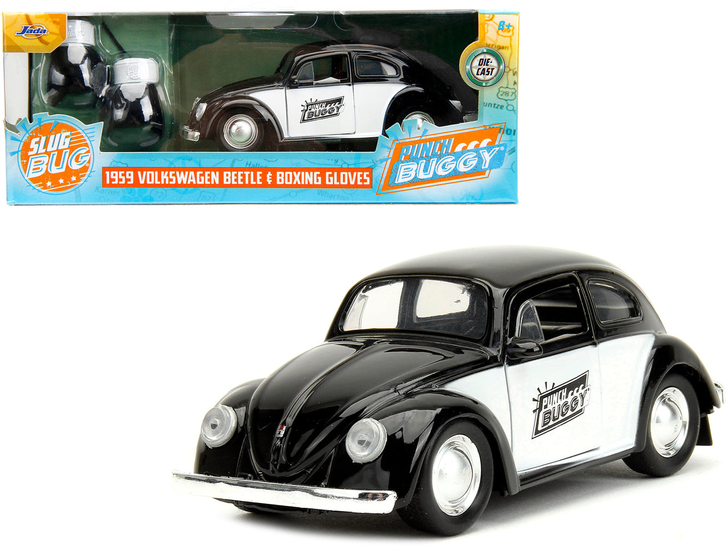 1959 Volkswagen Beetle "Punch Buggy" Black and White and Boxing Gloves Accessory "Punch Buggy" Series 1/32 Diecast Model Car