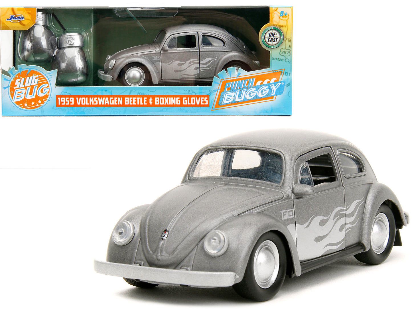 1959 Volkswagen Beetle Gray Metallic with Silver Flames and Boxing Gloves Accessory "Punch Buggy" Series 1/32 Diecast Model Car