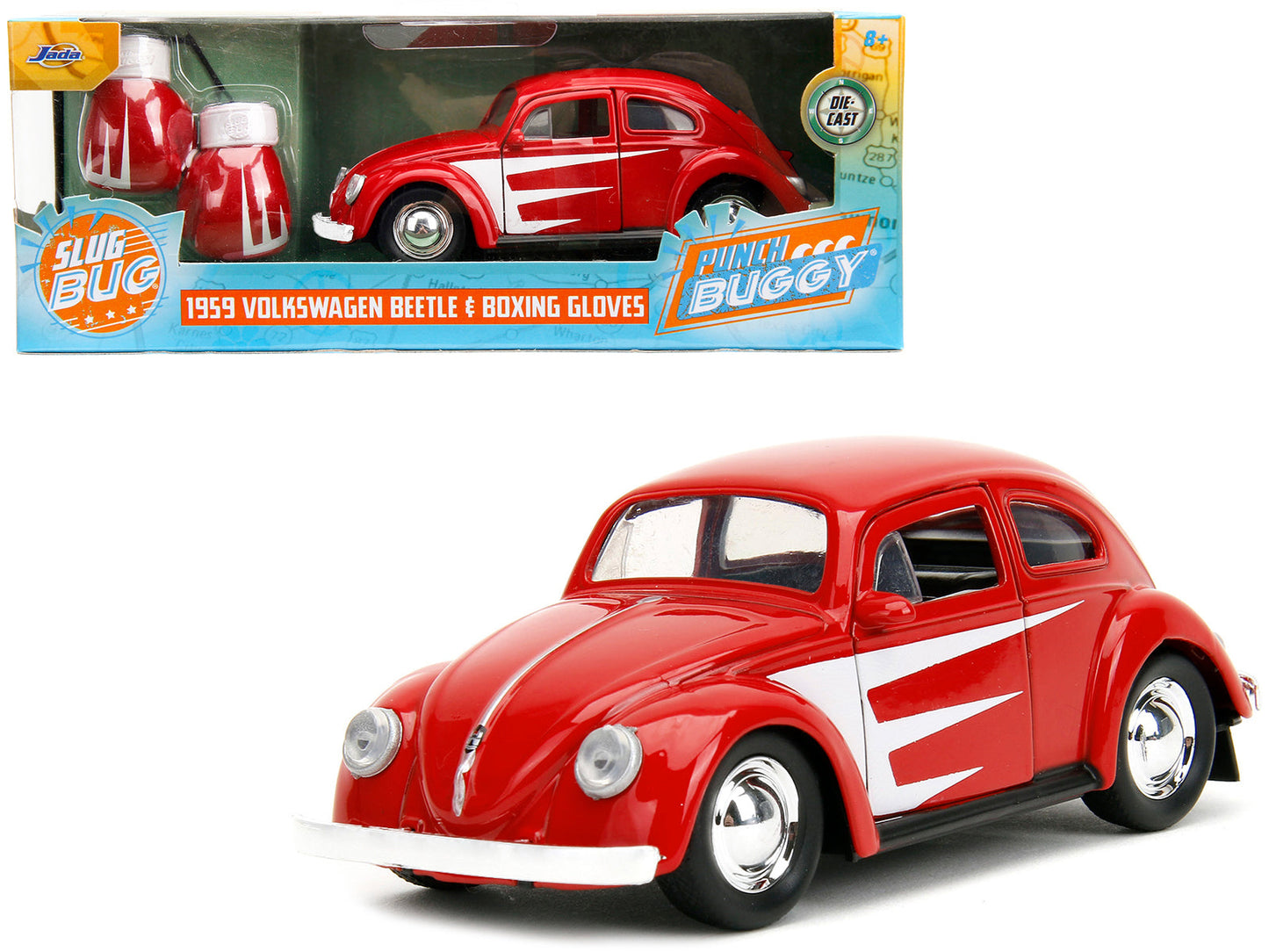 1959 Volkswagen Beetle Red with White Graphics and Boxing Gloves Accessory "Punch Buggy" Series 1/32 Diecast Model Car