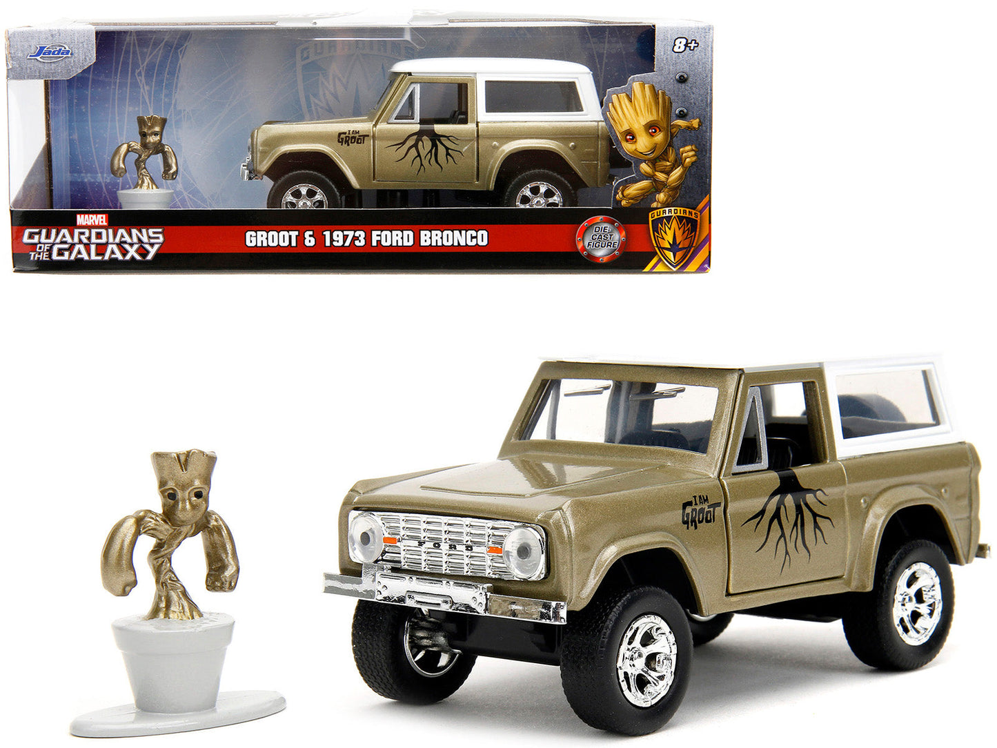1973 Ford Bronco Gold Metallic with White Top and Groot Diecast Figure "Guardians of the Galaxy" "Marvel" Series 1/32 Diecast Model Car