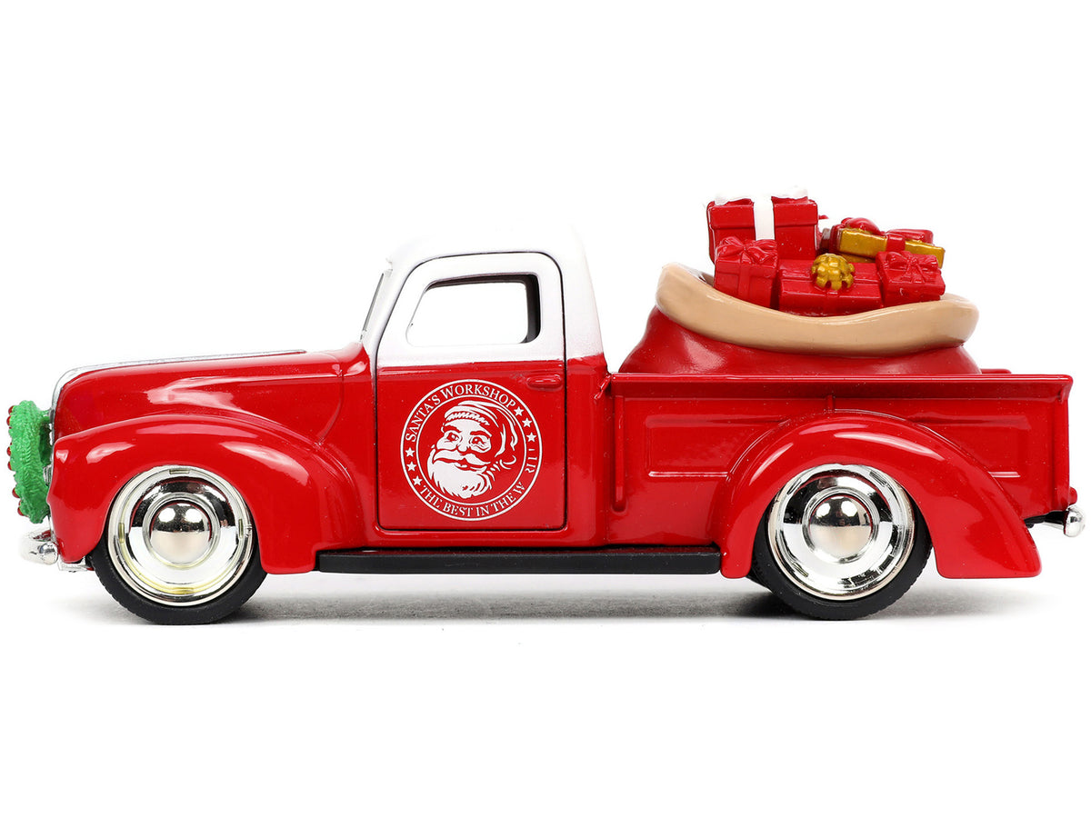 1941 Ford Pickup Truck Red and White "Santa's Workshop" and 1957 Chevrolet Bel Air Red Metallic and White "Express 25" with Mr. and Mrs. Santa Claus Diecast Figures "Holiday Rides" Series 1/32 Diecast Model Cars