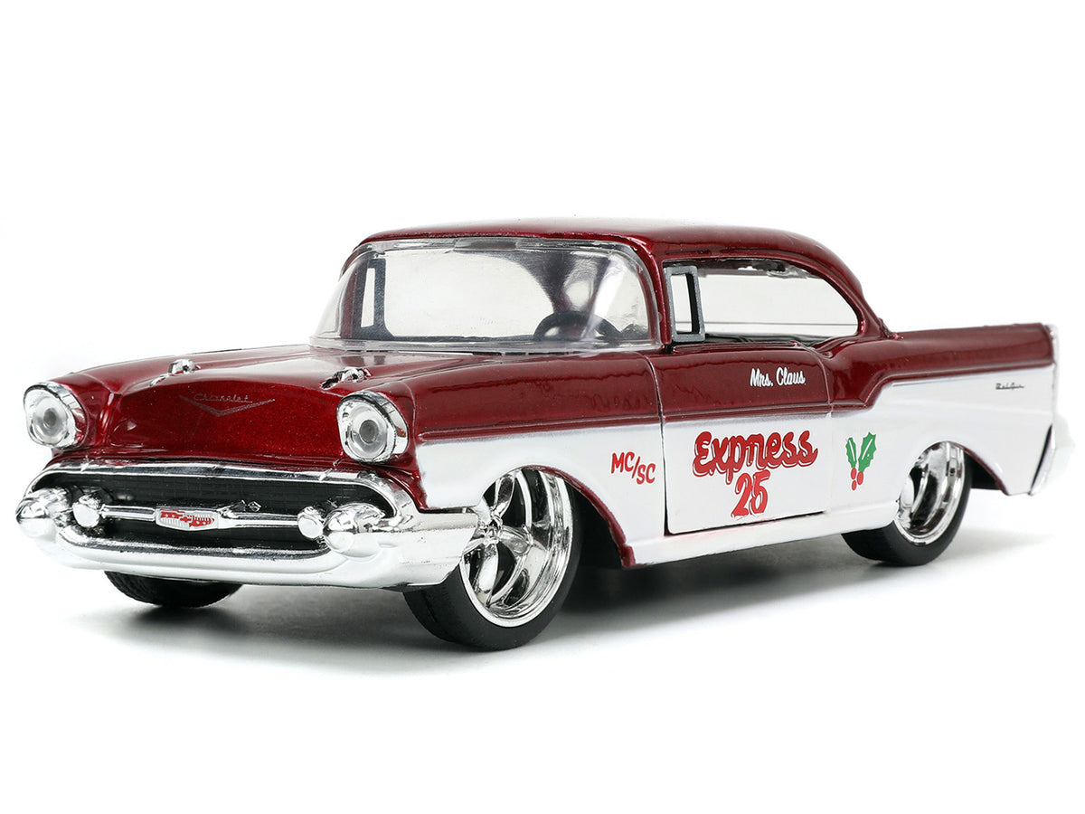 1941 Ford Pickup Truck Red and White "Santa's Workshop" and 1957 Chevrolet Bel Air Red Metallic and White "Express 25" with Mr. and Mrs. Santa Claus Diecast Figures "Holiday Rides" Series 1/32 Diecast Model Cars