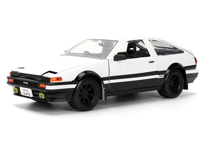 Toyota Trueno (AE86) RHD (Right Hand Drive) White and Black with Graphics and Takumi Diecast Figure "Initial D" (1998-2021) TV Series "Anime Hollywood Rides" Series 1/24 Diecast Model