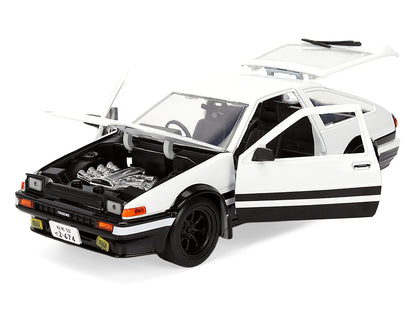Toyota Trueno (AE86) RHD (Right Hand Drive) White and Black with Graphics and Takumi Diecast Figure "Initial D" (1998-2021) TV Series "Anime Hollywood Rides" Series 1/24 Diecast Model