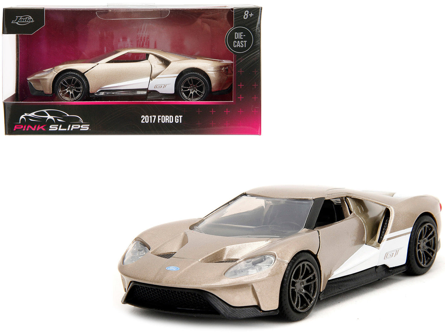 2017 Ford GT Gold Metallic with White Accents "Pink Slips" Series 1/32 Diecast Model Car
