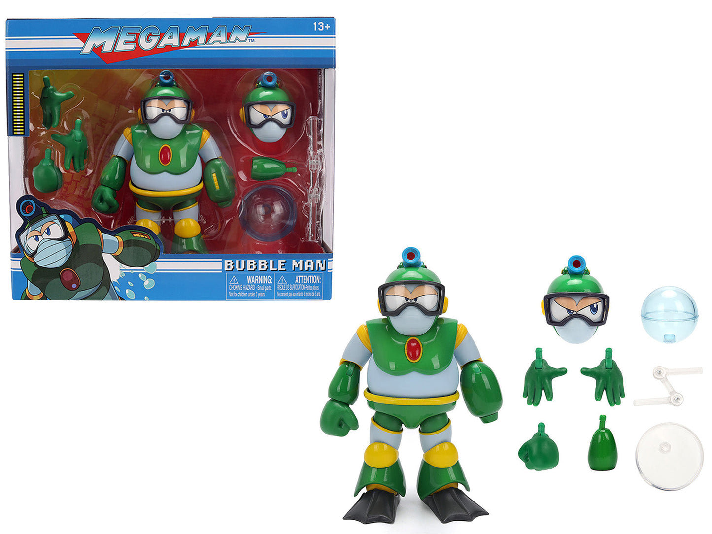 Bubble Man 5" Moveable Figure (Deluxe Version) with Accessories and Alternate Head and Hands "Mega Man" (1987) Video Game Model
