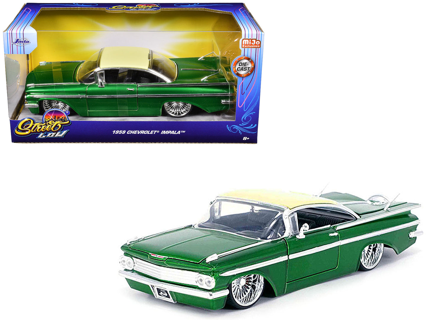 1959 Chevrolet Impala Lowrider Green Metallic with Cream Top and DUB Wire Wheels "Street Low" Series 1/24 Diecast Model Car