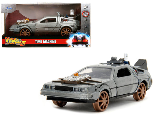 DeLorean DMC (Time Machine) Brushed Metal Train Wheel Version "Back to the Future Part III" (1990) Movie "Hollywood Rides" Series 1/32 Diecast Model Car