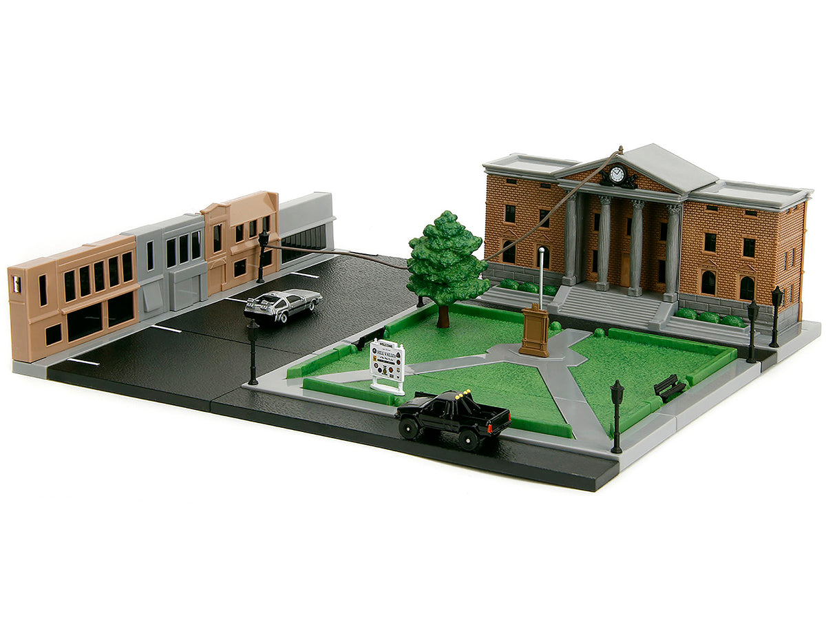 Hill Valley Courthouse Diorama with Black Pickup Truck and Delorean "Back to the Future" (1985) Movie "Nano Scene" Series Model