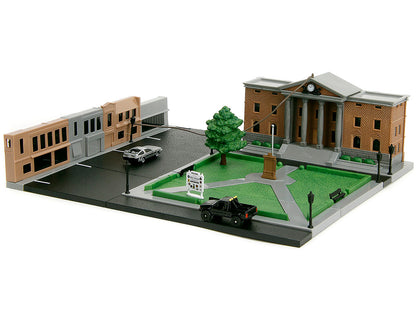 Hill Valley Courthouse Diorama with Black Pickup Truck and Delorean "Back to the Future" (1985) Movie "Nano Scene" Series Model
