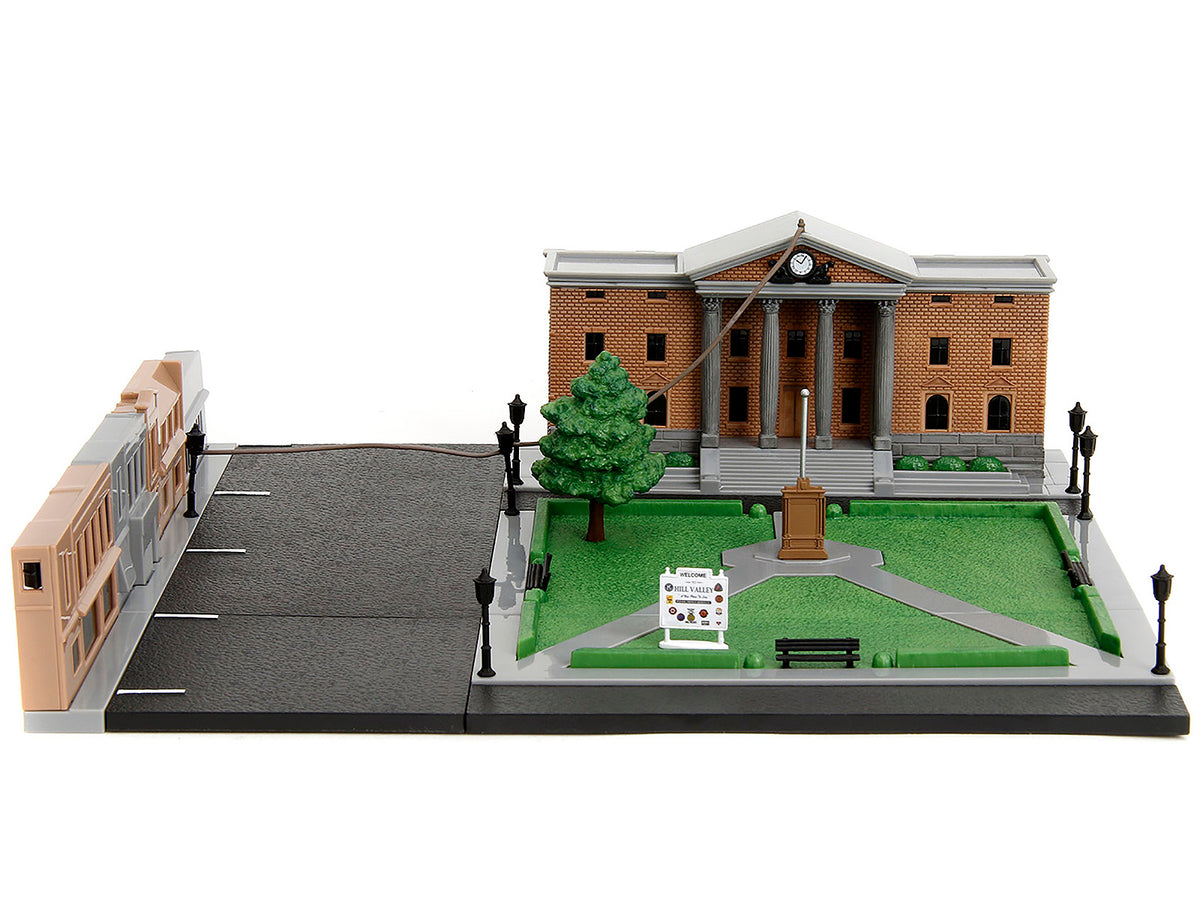 Hill Valley Courthouse Diorama with Black Pickup Truck and Delorean "Back to the Future" (1985) Movie "Nano Scene" Series Model