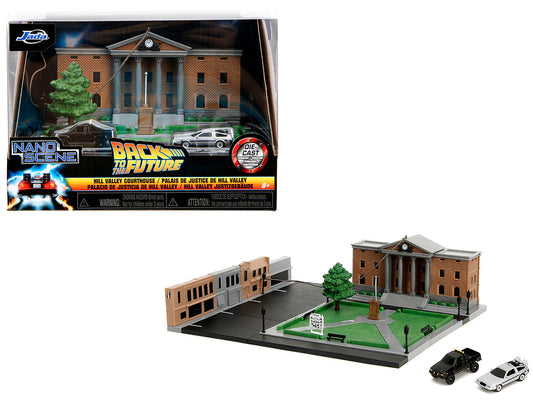 Hill Valley Courthouse Diorama with Black Pickup Truck and Delorean "Back to the Future" (1985) Movie "Nano Scene" Series Model