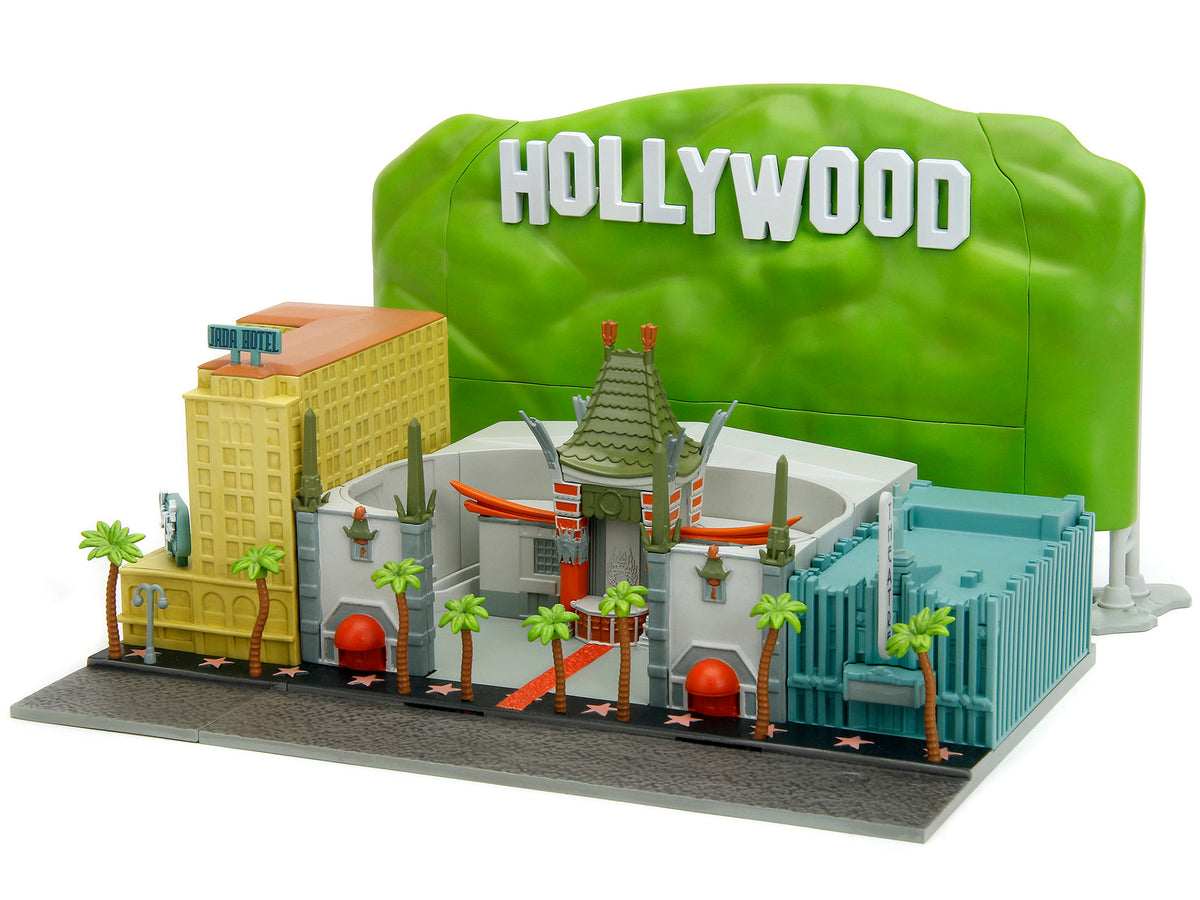 "Hollywood 100" Walk of Fame Diorama with Pink Convertible and Double-Decker Bus "Nano Scene" Series model