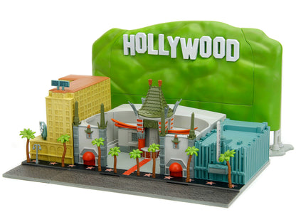 "Hollywood 100" Walk of Fame Diorama with Pink Convertible and Double-Decker Bus "Nano Scene" Series model