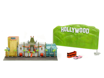 "Hollywood 100" Walk of Fame Diorama with Pink Convertible and Double-Decker Bus "Nano Scene" Series model