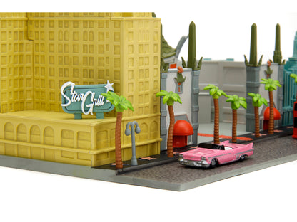 "Hollywood 100" Walk of Fame Diorama with Pink Convertible and Double-Decker Bus "Nano Scene" Series model