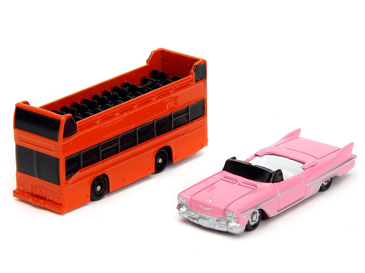 "Hollywood 100" Walk of Fame Diorama with Pink Convertible and Double-Decker Bus "Nano Scene" Series model