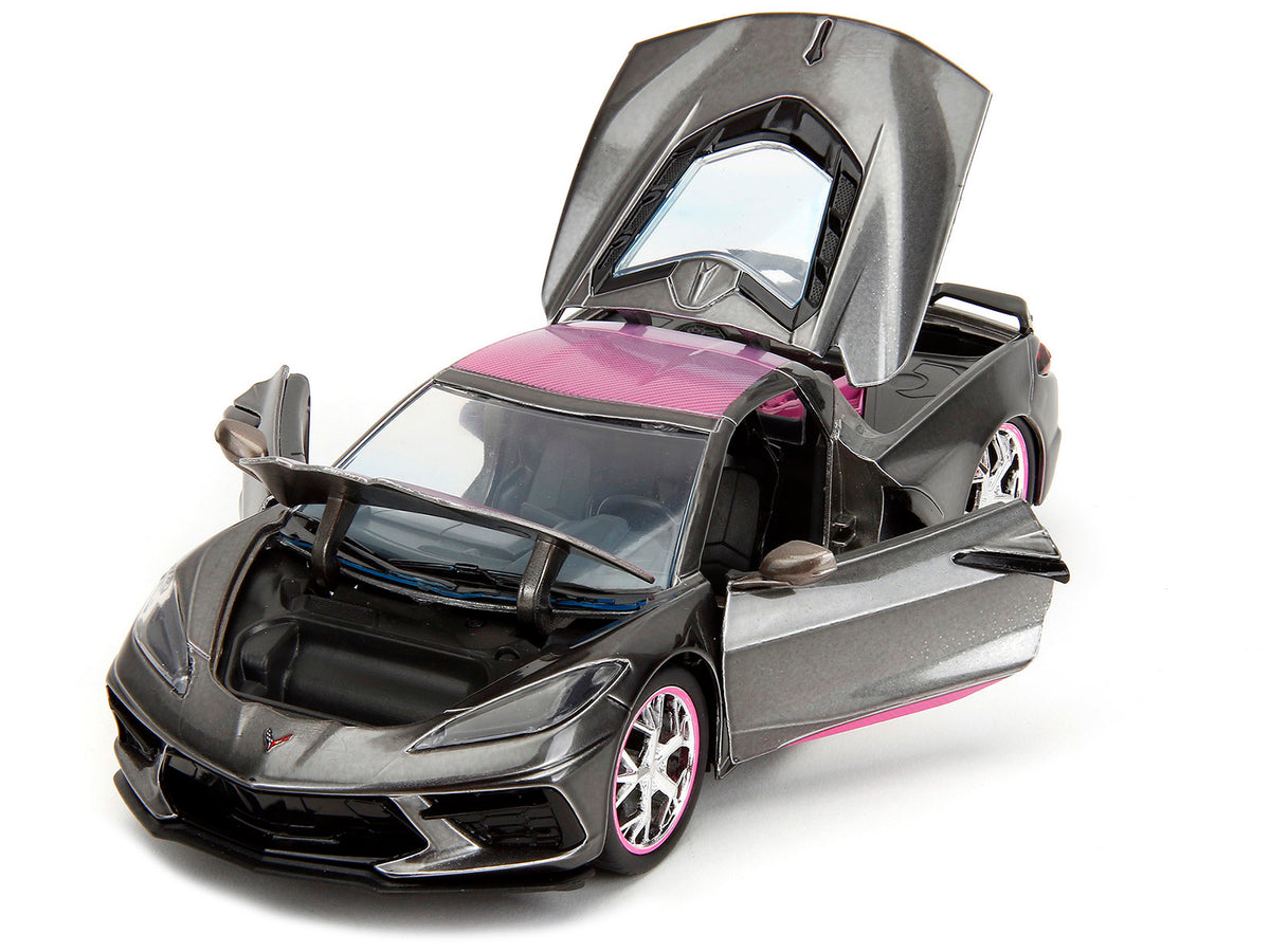 2020 Chevrolet Corvette Stingray Gray Metallic with Pink Carbon Hood and Top "Pink Slips" Series 1/24 Diecast Model Car