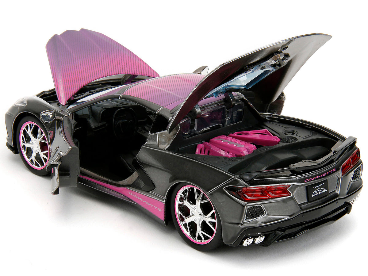 2020 Chevrolet Corvette Stingray Gray Metallic with Pink Carbon Hood and Top "Pink Slips" Series 1/24 Diecast Model Car