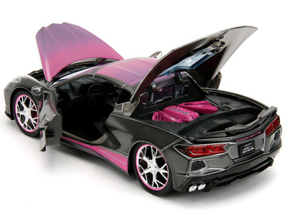 2020 Chevrolet Corvette Stingray Gray Metallic with Pink Carbon Hood and Top "Pink Slips" Series 1/24 Diecast Model Car