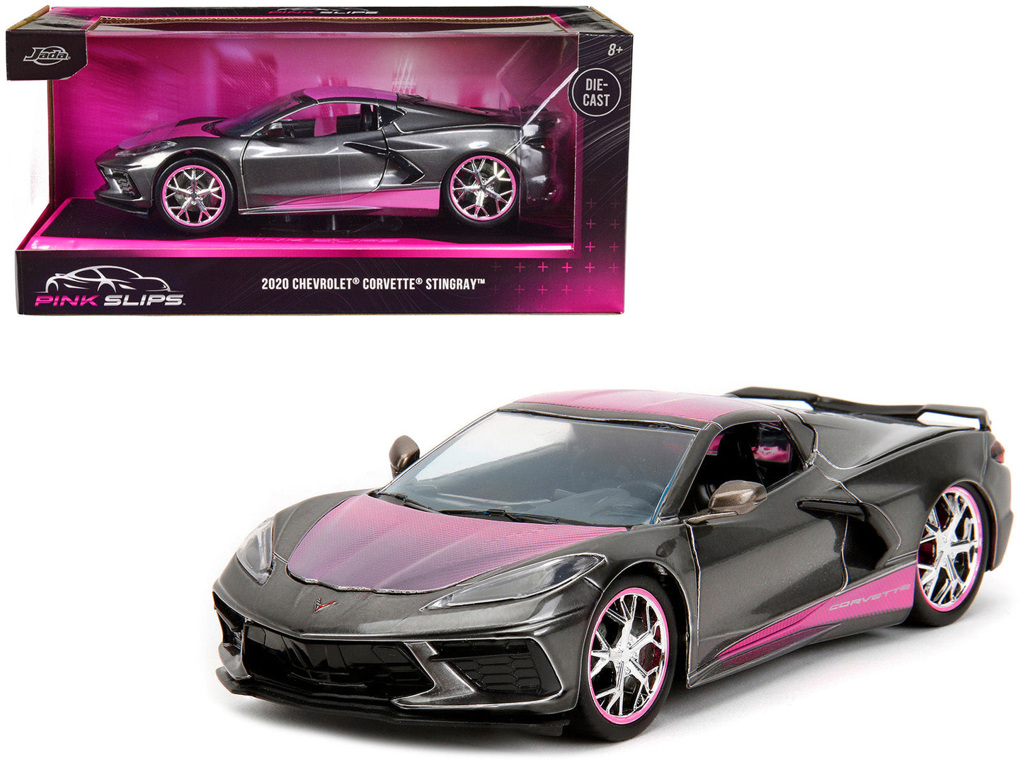 2020 Chevrolet Corvette Stingray Gray Metallic with Pink Carbon Hood and Top "Pink Slips" Series 1/24 Diecast Model Car