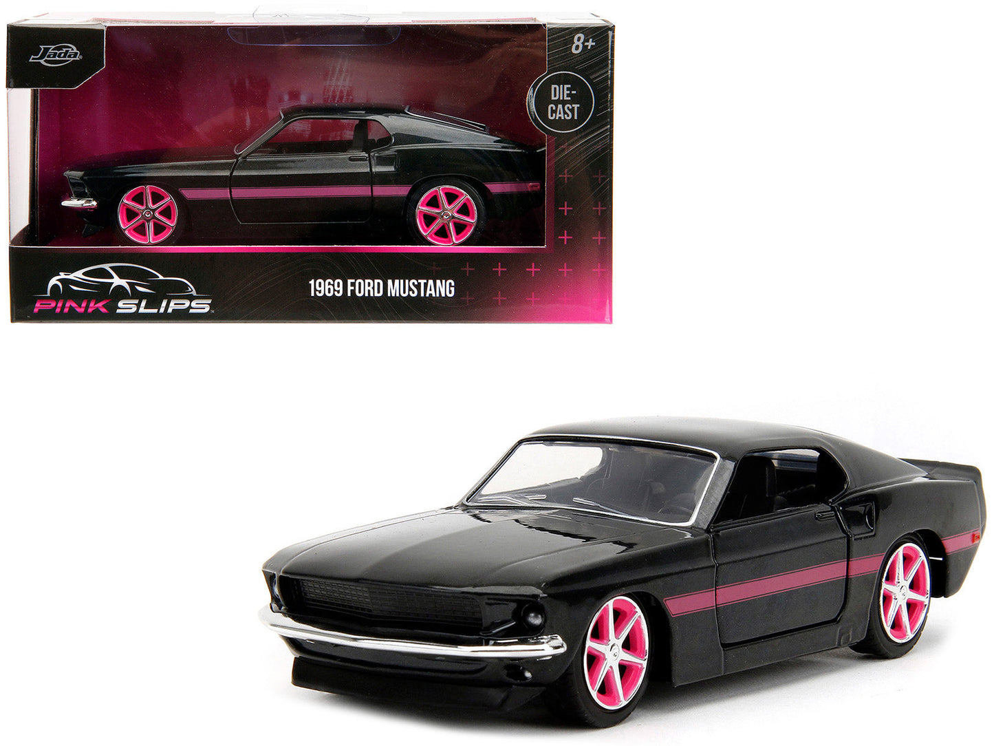 1969 Ford Mustang Black Metallic with Pink Stripes and Wheels "Pink Slips" Series 1/32 Diecast Model Car