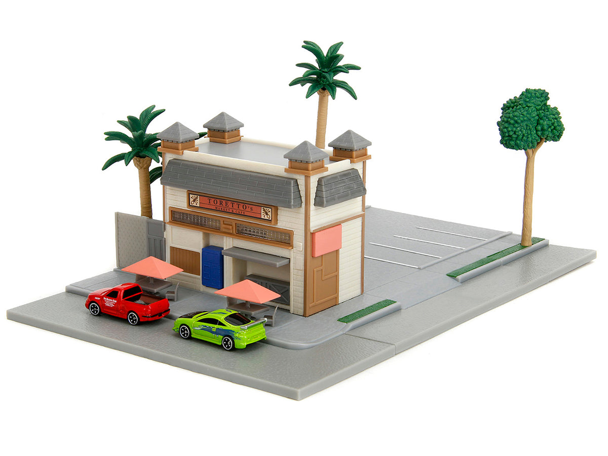 Toretto Cafe Diorama with Mitsubishi Eclipse Green and Ford F-150 SVT Lightning Red "Fast and Furious" "Nano Scene" Series Model