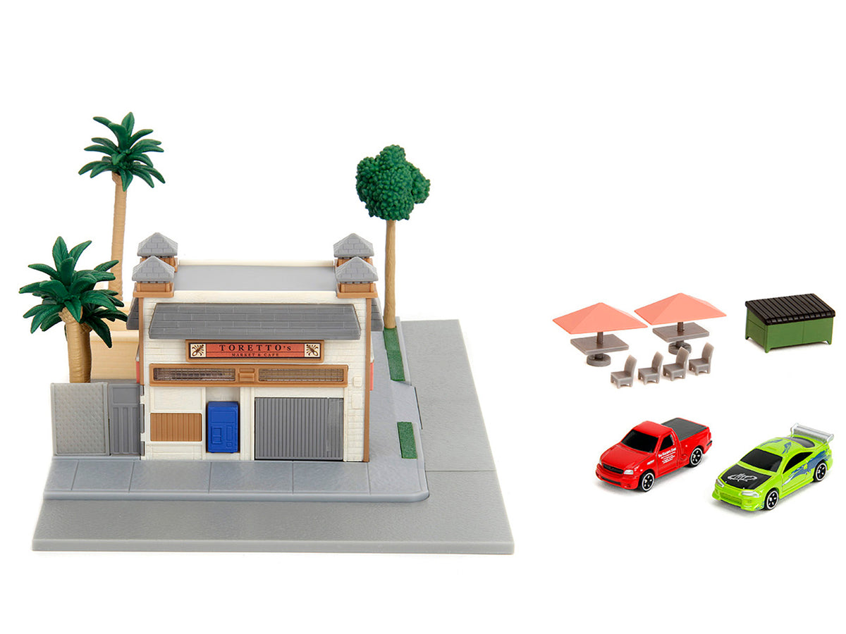 Toretto Cafe Diorama with Mitsubishi Eclipse Green and Ford F-150 SVT Lightning Red "Fast and Furious" "Nano Scene" Series Model