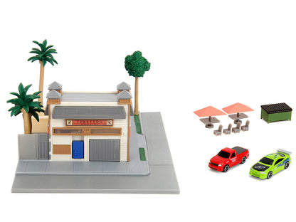 Toretto Cafe Diorama with Mitsubishi Eclipse Green and Ford F-150 SVT Lightning Red "Fast and Furious" "Nano Scene" Series Model