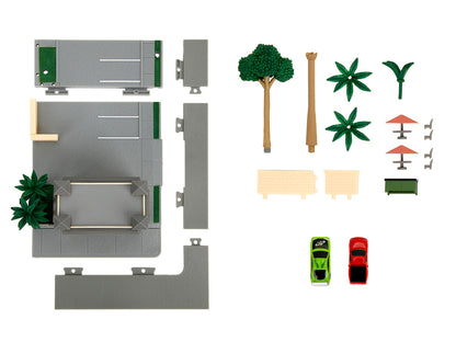 Toretto Cafe Diorama with Mitsubishi Eclipse Green and Ford F-150 SVT Lightning Red "Fast and Furious" "Nano Scene" Series Model