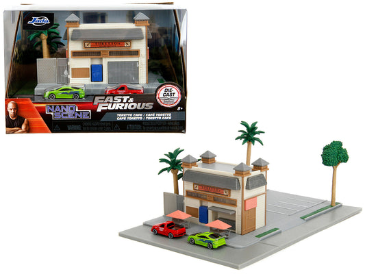 Toretto Cafe Diorama with Mitsubishi Eclipse Green and Ford F-150 SVT Lightning Red "Fast and Furious" "Nano Scene" Series Model