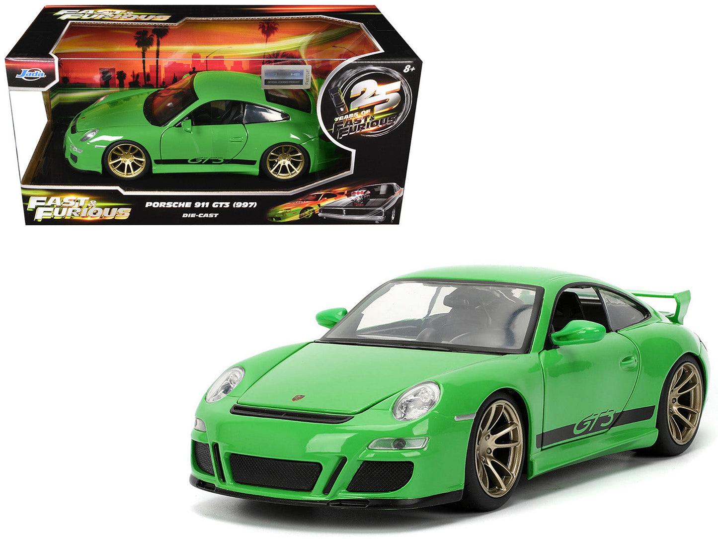 Porsche 911 GT3 (997) Green with Black Accents "Fast X" (2023) Movie "25 Years of Fast & Furious" Series 1/24 Diecast Model Car