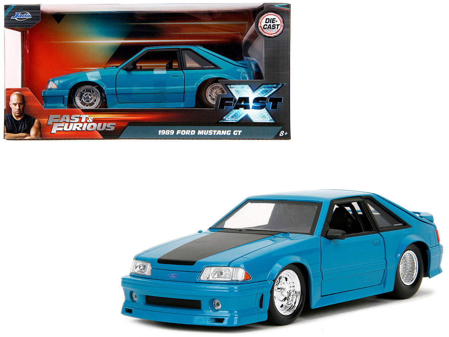 1989 Ford Mustang GT Blue with Black Hood Stripes "Fast & Furious" Series 1/24 Diecast Model Car