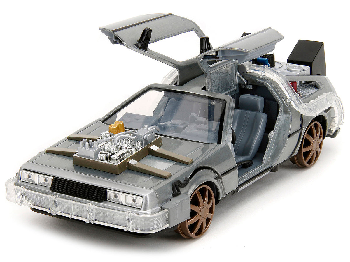 DeLorean Brushed Metal Time Machine (Train Wheel Version) with Lights "Back to the Future Part III" (1990) Movie "Hollywood Rides" Series 1/24 Diecast Model Car