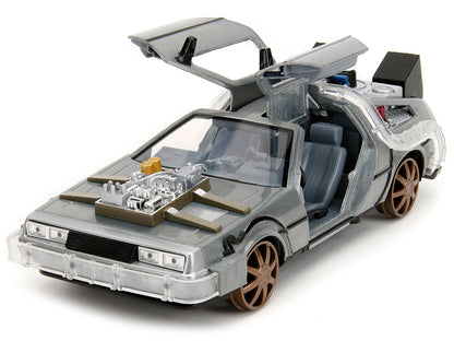 DeLorean Brushed Metal Time Machine (Train Wheel Version) with Lights "Back to the Future Part III" (1990) Movie "Hollywood Rides" Series 1/24 Diecast Model Car