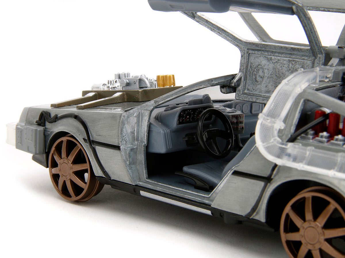 DeLorean Brushed Metal Time Machine (Train Wheel Version) with Lights "Back to the Future Part III" (1990) Movie "Hollywood Rides" Series 1/24 Diecast Model Car