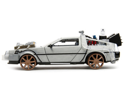 DeLorean Brushed Metal Time Machine (Train Wheel Version) with Lights "Back to the Future Part III" (1990) Movie "Hollywood Rides" Series 1/24 Diecast Model Car