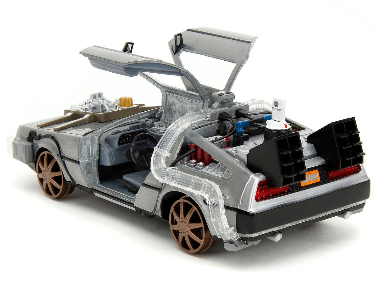 DeLorean Brushed Metal Time Machine (Train Wheel Version) with Lights "Back to the Future Part III" (1990) Movie "Hollywood Rides" Series 1/24 Diecast Model Car